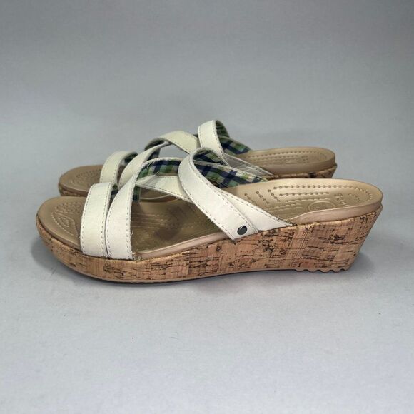 Crocs Women's‎ Size 9 A-Leigh Cream Leather Strap Cork Wedge Sandals - Picture 4 of 10